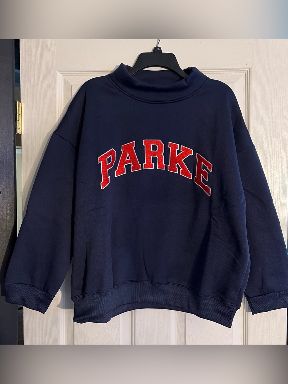 Parke Inspired Coastal Varsity Mockneck Sweatshirt Size Medium Blue Red